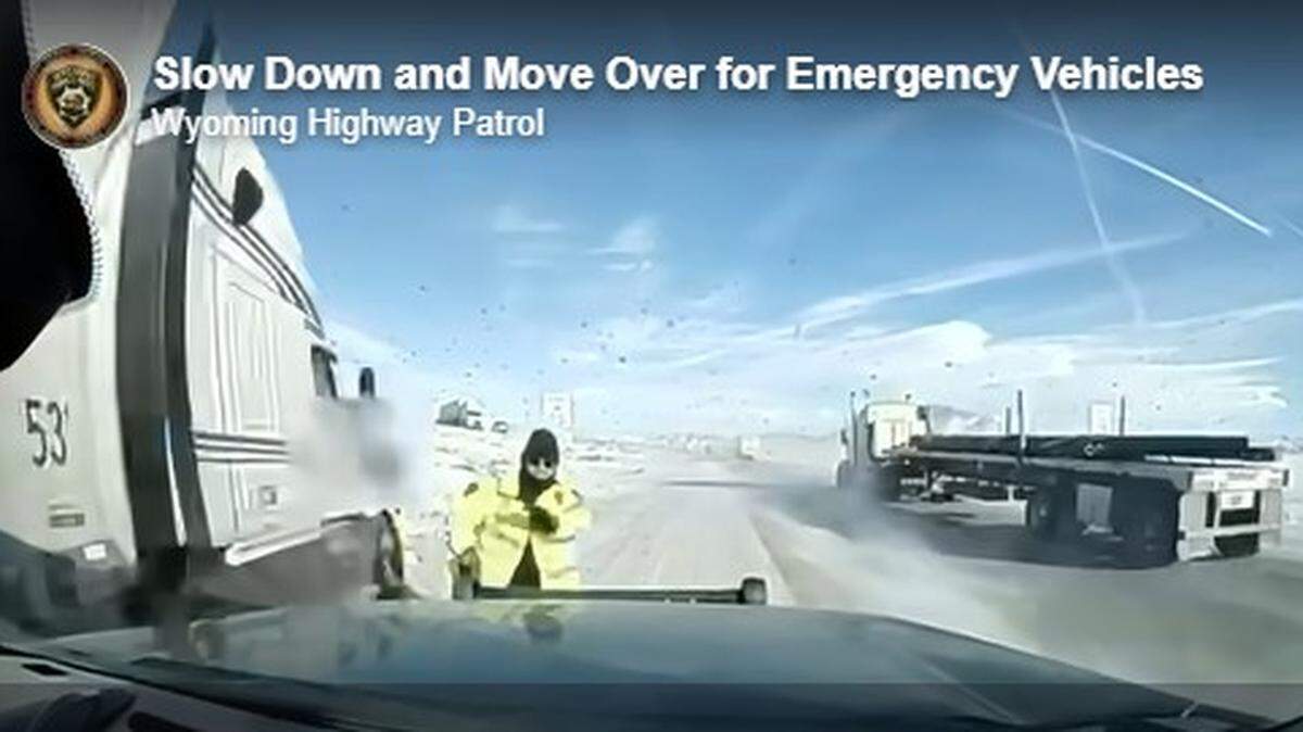 A Wyoming Highway Patrol trooper was almost hit by a semitruck after it veered off the road, officials said.
