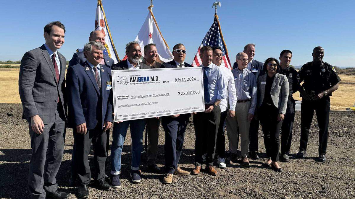 Local elected leaders, including Reps. Ami Bera, D-Elk Grove, and Kevin Kiley, R-Rocklin, as well as Sacramento County Sheriff Jim Cooper, posed for a photo Wednesday, July 17, 2024, near Rancho Cordova to celebrate the U.S. Department of Transportation’s $25 million infusion for the Capital Southeast Connector project.