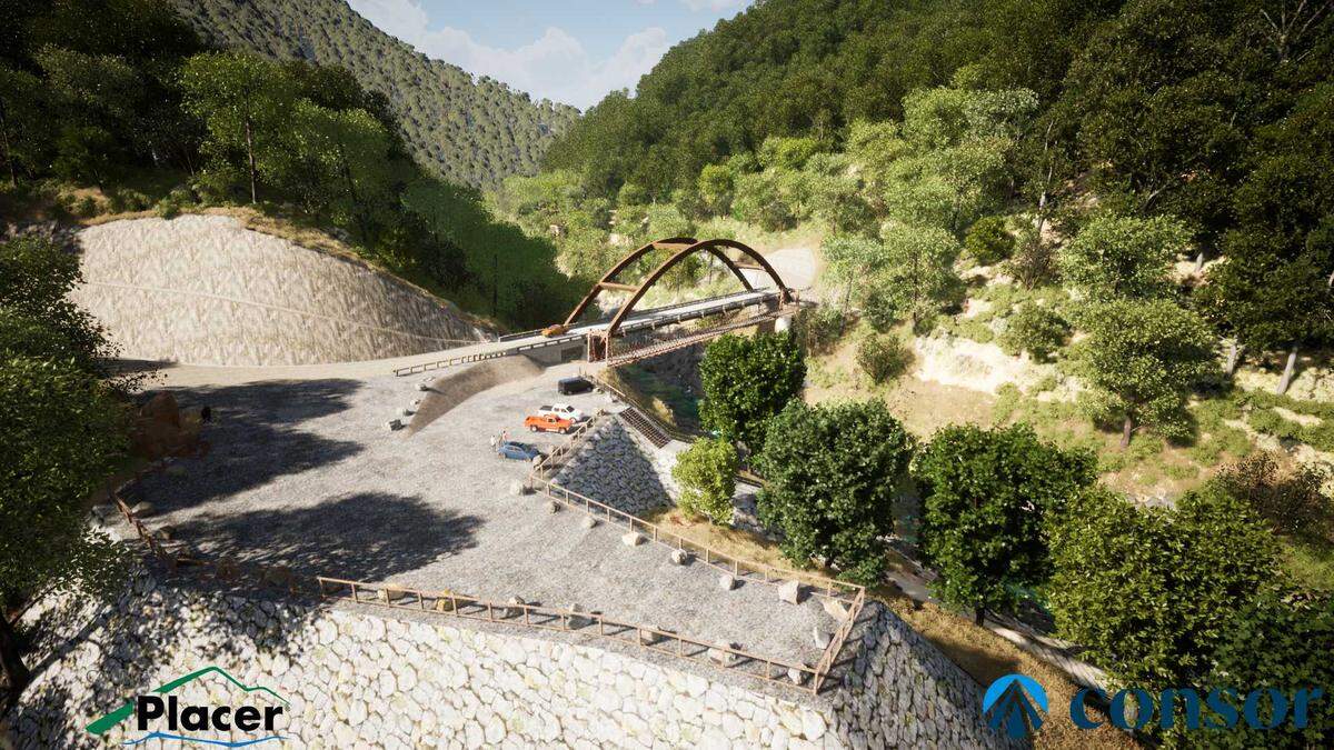 A rendering of the new parking lot is seen next to the new Yankee Jims Bridge and the original 1930s suspension structure it will replace. Officials plan to use fill from the construction of the bridge to create safe parking spaces for hikers and other outdoor enthusiasts.