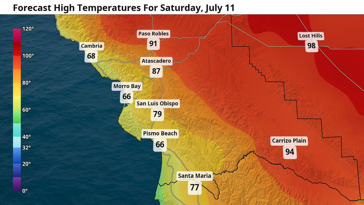 Forecast high temperatures for Saturday, July 11