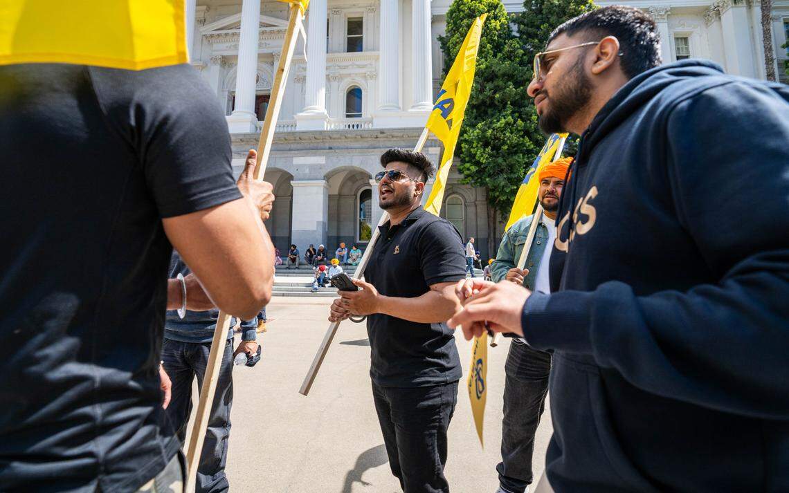 Sikhs chant during the Khalistan referendum vote in front of the state Capitol on Sunday.