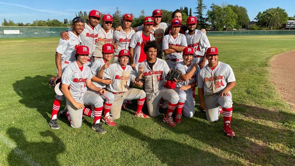 The McClatchy Lions baseball team celebrates after beating Laguna Creek 4-2.