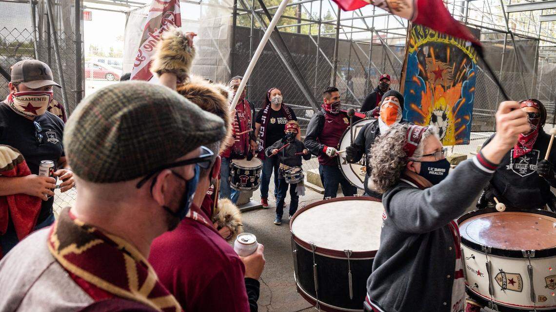 The Tower Bridge Battalion Sacramento Republic FC fans prepare to take to the bleachers before the friendly USL soccer match against the Real Monarchs of Salt Lake City on Saturday, April 24, 2021.