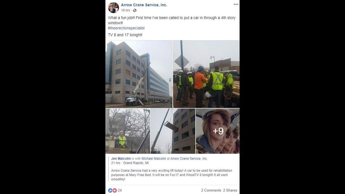 A crane lifted a Ford Taurus onto the fourth floor at Mary Free Bed Rehabilitation Hospital in Grand Rapids, Michigan, so patients can practice getting in and out or performing other car-related tasks.