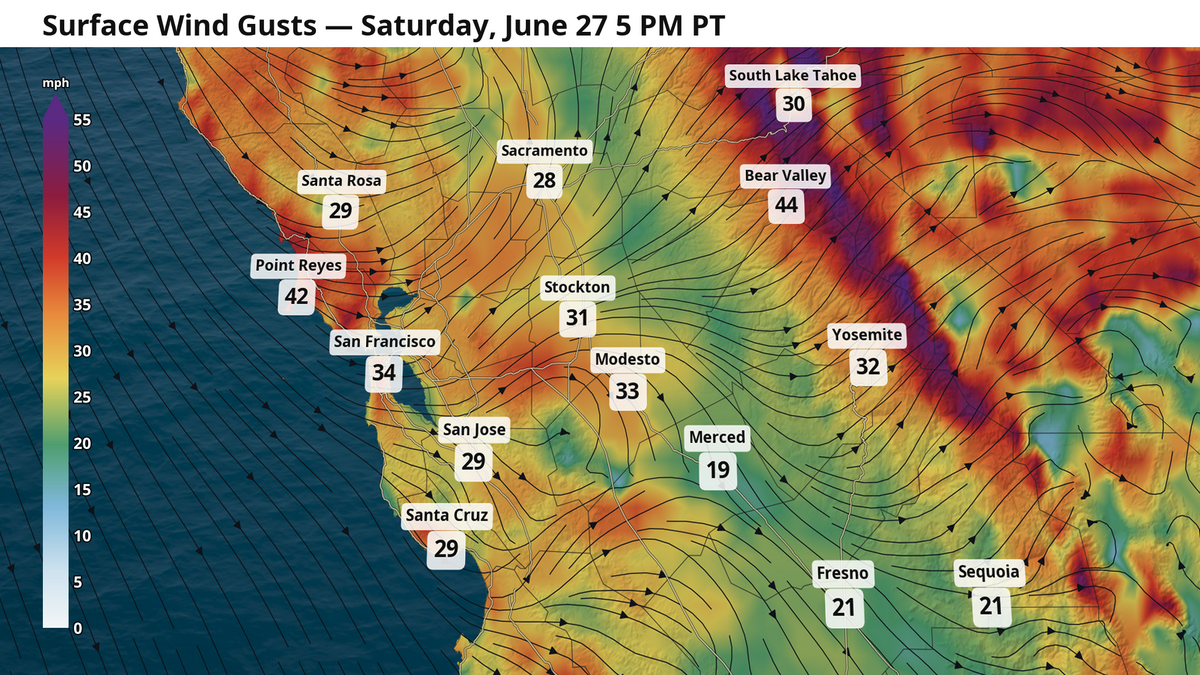 Forecast wind gusts for the afternoon of Saturday, June 27