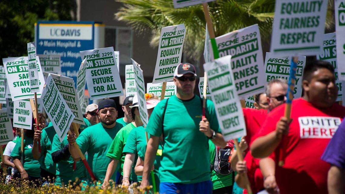 Workers of AFSCME Local 3299, the union which represents workers at UC Davis and its medical center, formed a picket line as a three-day strike began at the medical center in Sacramento, Monday, May 7, 2018. The largest employee union at the University of California will get a hearing on its complaints to the Public Employment Relations Board that UC leaders are engaging in union-busting tactics that violate state law.

