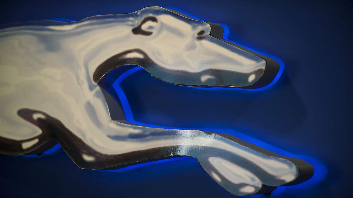 The Greyhound logo behind the ticket counter at the new Greyhound Bus terminal in Sacramento on Tuesday, July 12, 2011.