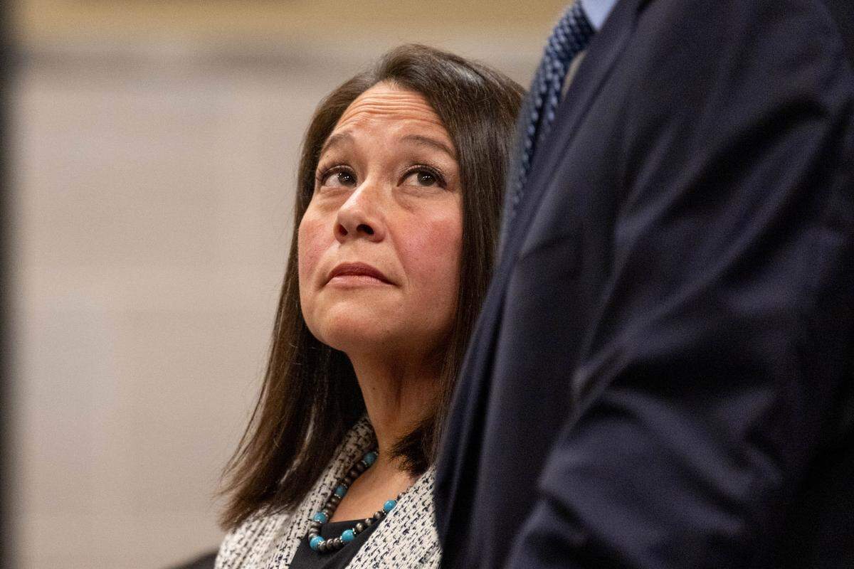 Tammy Kiku Machado, wife of former Yolo sheriff's deputy Sam Machado, appears in Yolo Superior Court in Woodland with attorney Steven Sabbadini on Monday, April 13, 2026, for her arraignment on charges related to the Esparto fireworks explosion.
