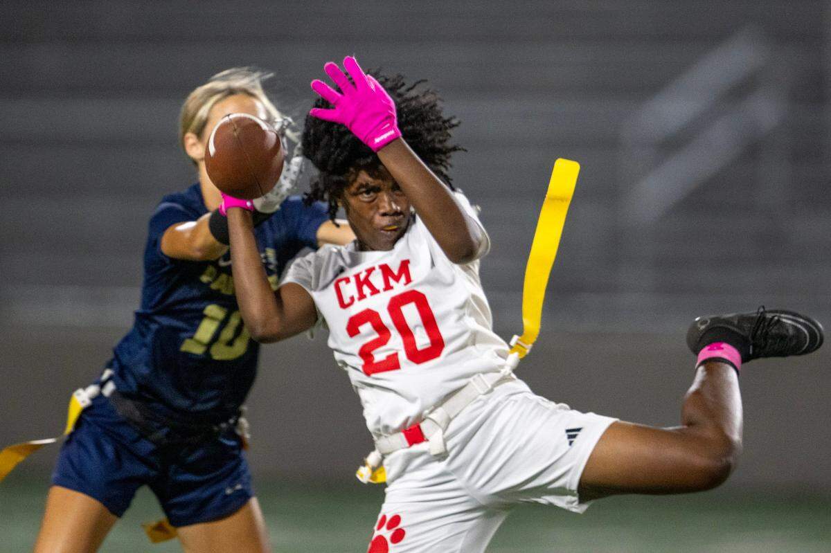 The West Park Panthers’ Keira Taylor (10) breaks up a pass intended for the McClatchy Lions’ Kiyah Dupree (20) in the second half of a flag football game on Tuesday, Oct. 15, 2024 in Roseville.