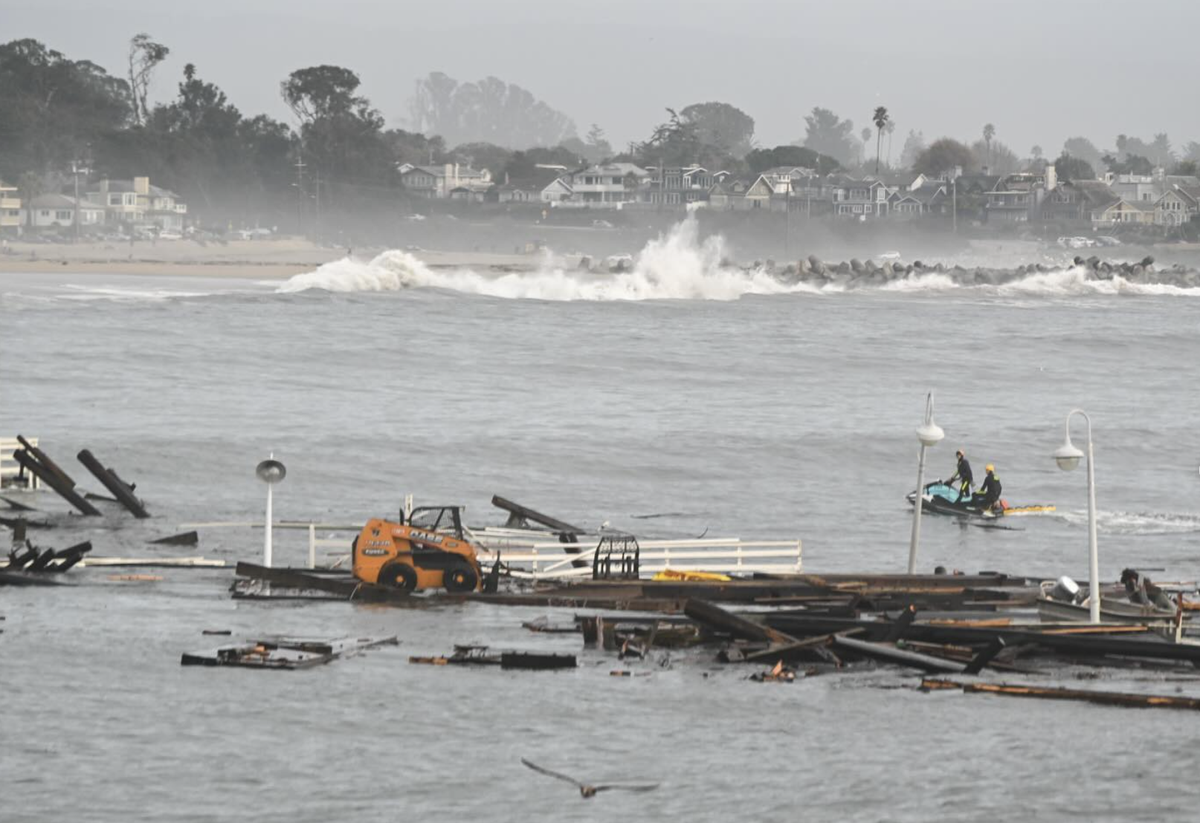 A collapsed section of the Santa Cruz pier floats in the ocean on Dec. 23, 2024.