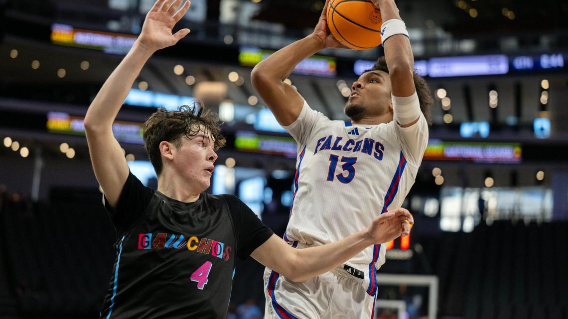 The Christian Brothers Falcons’ Stephan Hewitt (13) shoots over El Capitan’s Guerin Bliss (4) in the Division III championship on Friday.