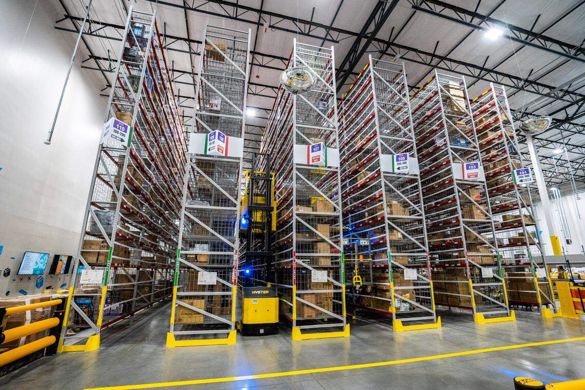 Larger inventory items are sorted in this area before being moved to the staging area of the Amazon facility on Wednesday.