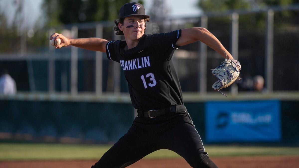 Franklin’s Nic Abraham (13) pitches in the third inning against the Whitney Wildcats during the CIF Sac-Joaquin Section Division I high school baseball championship game May 26, 2023, at Sacramento City College.