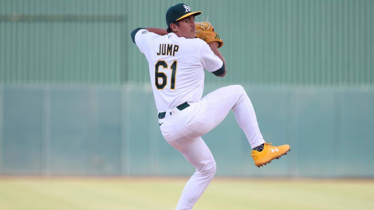 SACRAMENTO, CALIFORNIA - MAY 26: Gage Jump #61 of the Athletics pitches during the second inning against the Seattle Mariners as he makes his MLB Debut at Sutter Health Park on May 26, 2026 in Sacramento, California. (Photo by Scott Marshall/Getty Images)
