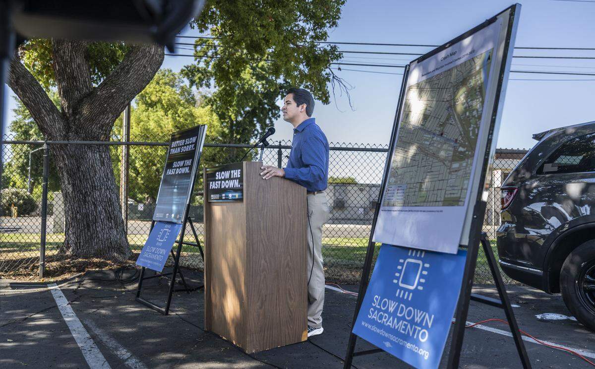 Isaac Gonzalez, founder of Slow Down Sacramento, announces a partnership with city and state leaders on Thursday, calling on drivers to be safe by slowing down and “step off your gas.” The event was held at Phoebe Hearst Elementary School in East Sacramento where Lupe Jimenez a mother of a sixth grade student was killed by a vehicle in 2022.