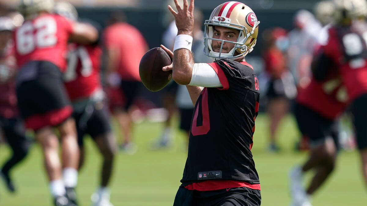 San Francisco quarterback Jimmy Garoppolo throws a pass during training camp Thursday, July 29, 2021.