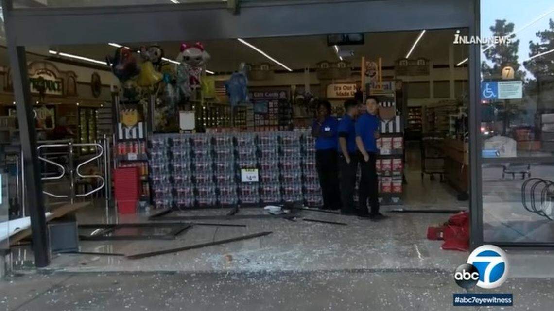 A truck plowed into a Stater Bros. Market in Rialto, injuring up to eight people as shoppers fled, California police say.
