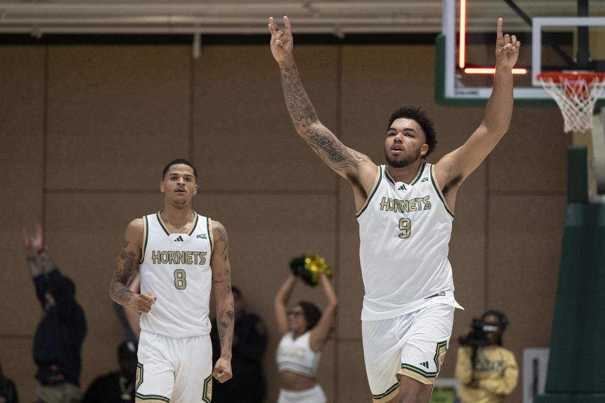 Sacramento State forward Jeremiah Cherry (9) reacts after winning a game between Sac State and Presbyterian at Hornet Pavilion in Sacramento on Sunday, Nov. 16, 2025.