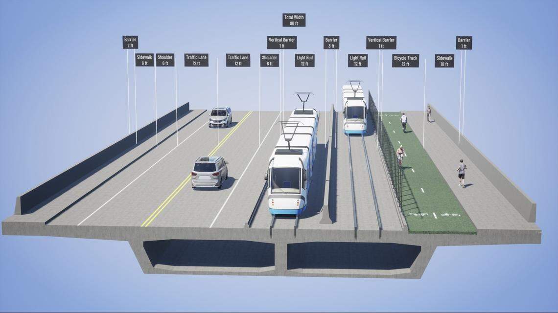 A rendering of the approved Alternative 3B design for the future Truxel Bridge separates pedestrians and cyclists from cars with light rail. The Sacramento City Council voted 8-1 to approve the design over three others, though some in attendance criticized the council for not considering a car-free option, which was not one of the recommendations.