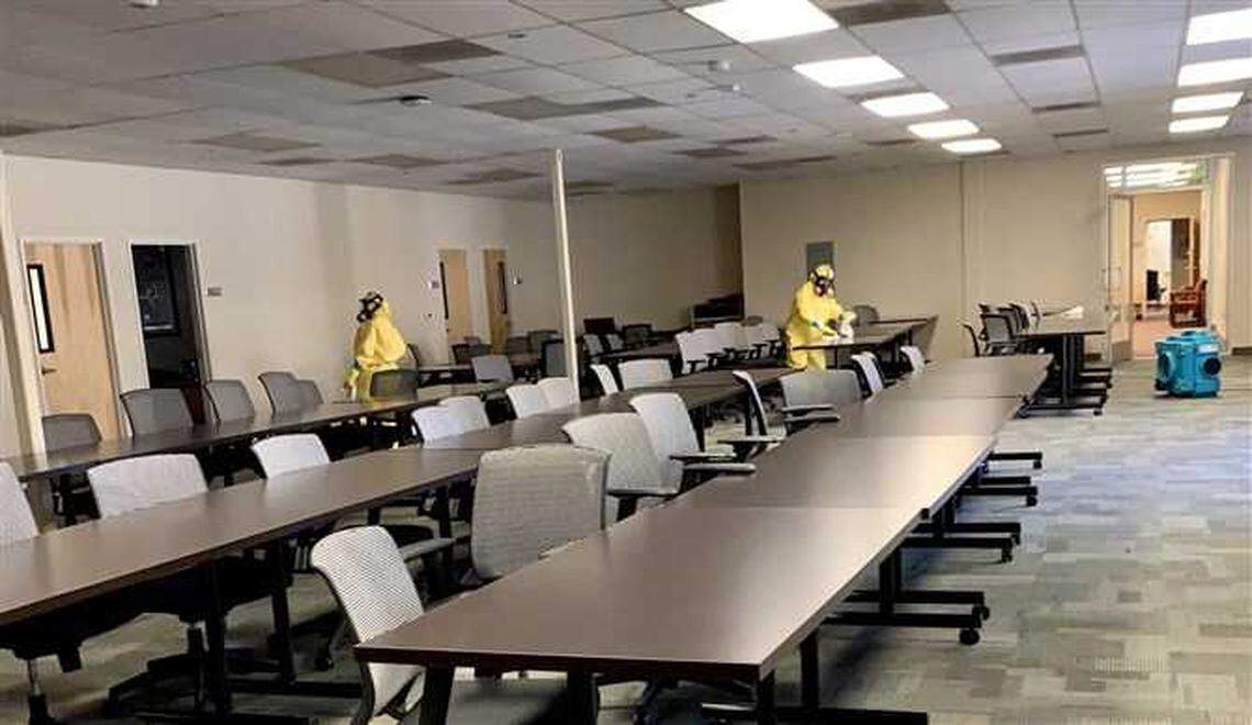 Crews clean the United Methodist Church staff offices in West Sacramento in this undated photo. The offices have been closed since officials said they believed a member of its staff may have have been been exposed to the coronavirus, Bishop Minerva CarcaÃ±oâs office said Friday.
