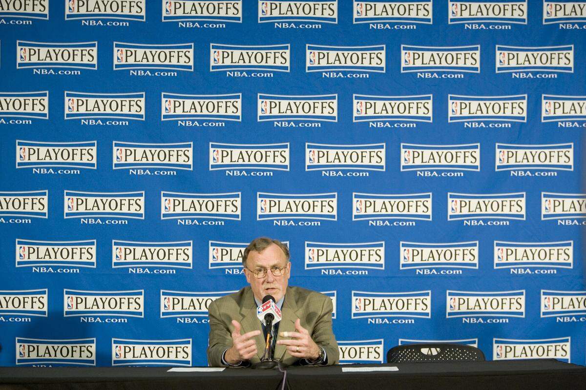 Sacramento Kings coach Rick Adelman speaks to the media in his last postgame press conference with the Kings after Game 6 of the first round of Western Conference playoff series against the San Antonio Spurs at Arco Arena on Friday, May 5, 2006. In his final season, the team finished with a 44-38 record –&nbsp;the last time the Kings had a winning season. 