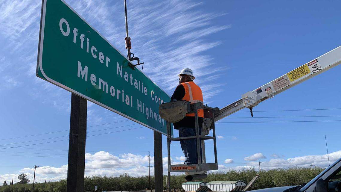 Caltrans on Thursday, Nov. 4, 2021, installed road signs for the Natalie Corona Memorial Highway in Arbuckle, California, the Colusa County hometown of the Davis police officer killed in a 2019 shooting.