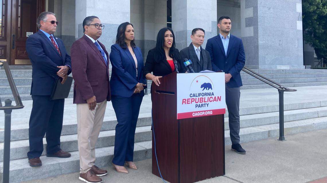 State Sen. Suzette Valladares, R-Santa Clarita, stands with other supporters of an effort to get California Gov. Gavin Newsom to remove several members of the California Board of Parole Hearings for their approval of controversial releases.