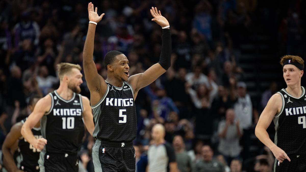 Sacramento Kings guard De’Aaron Fox (5) reacts after his shot against the Portland Trail Blazers in the second half during a game at Golden 1 Center in Sacramento, Wednesday, Oct. 19, 2022.