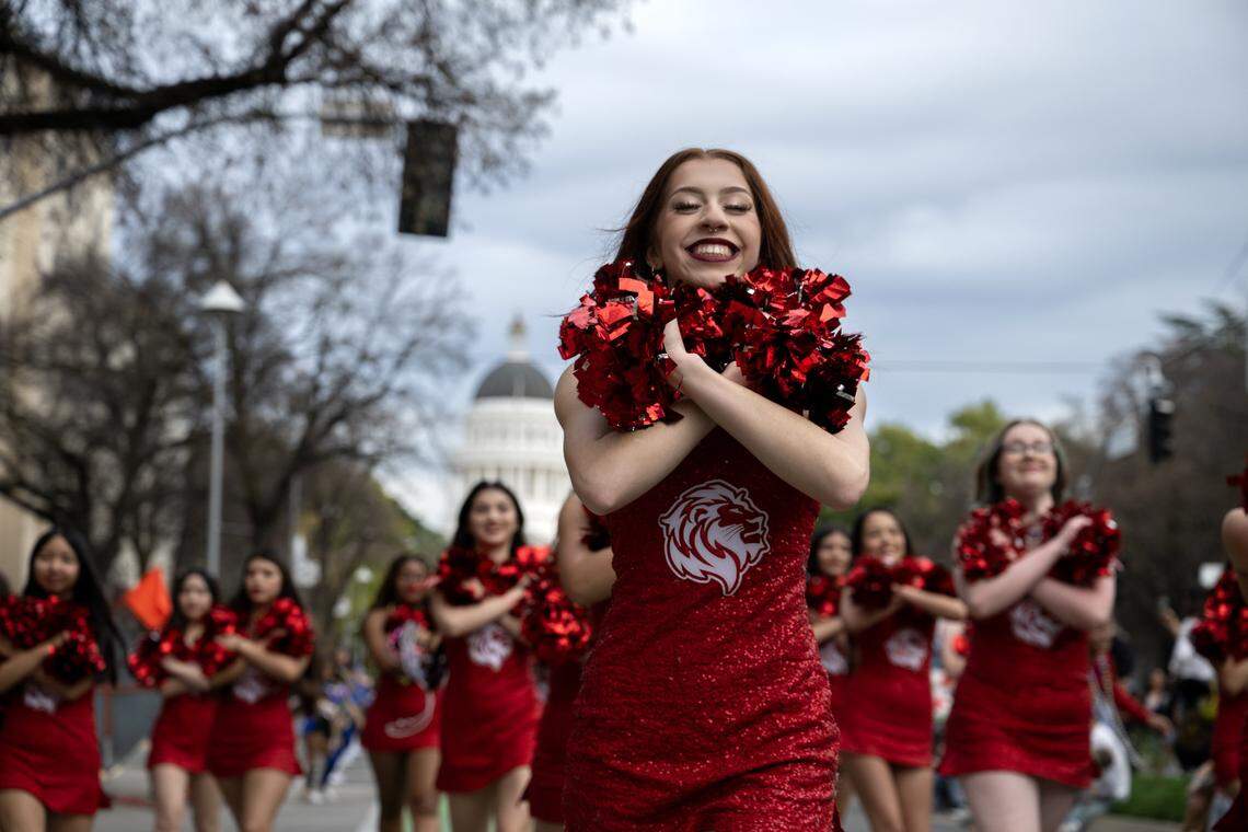The C.K. McClatchy High School dance team marches down Capitol Mall during the City of Trees Parade on Saturday, Feb. 28, 2026.