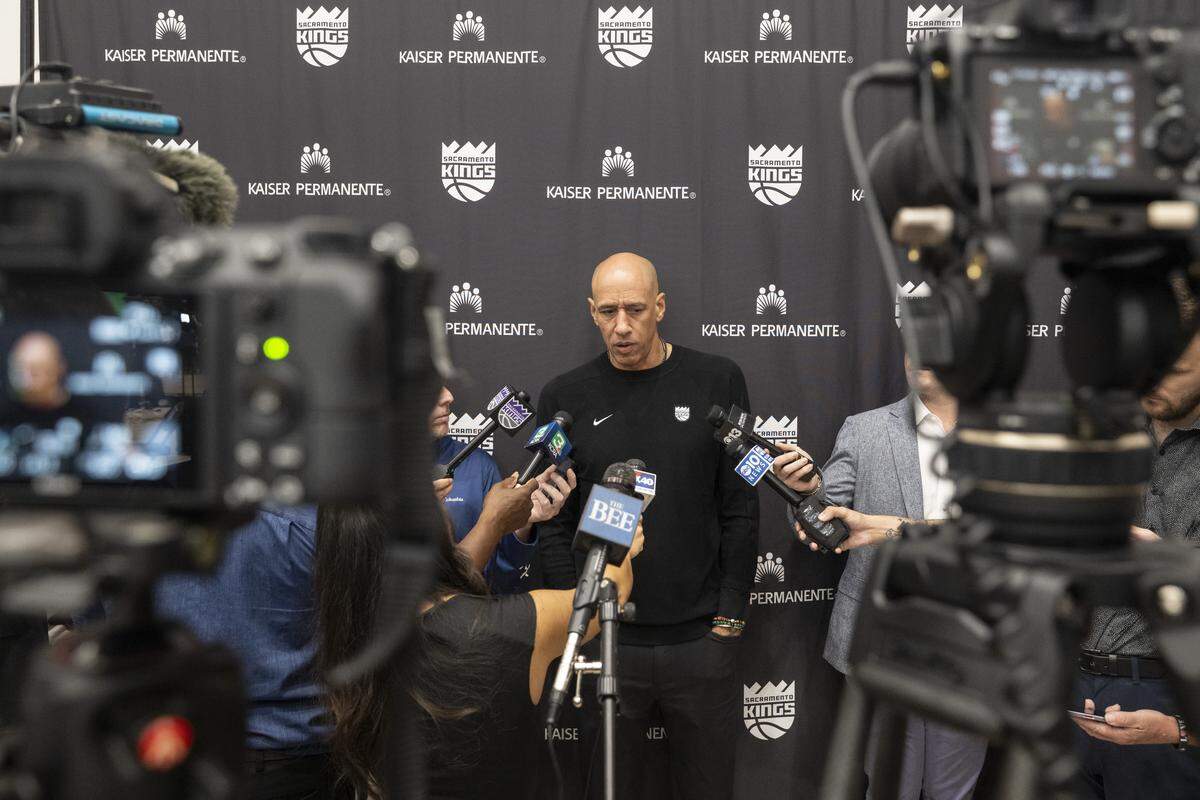 Sacramento Kings coach Doug Christie answers questions from the media during Kings’ media day in Sacramento on Monday.