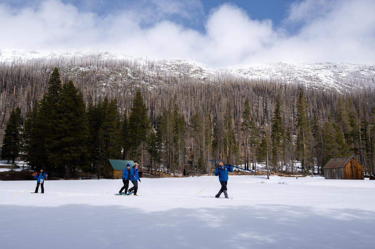 The California Department of Water Resources’ Angelique Fabbiani-Leon, Laura Hollender, Manon von Kaenel and snow surveys manager Andy Reising measure the snow in the fourth manual snow survey of the season Friday at Phillips Station in El Dorado County.