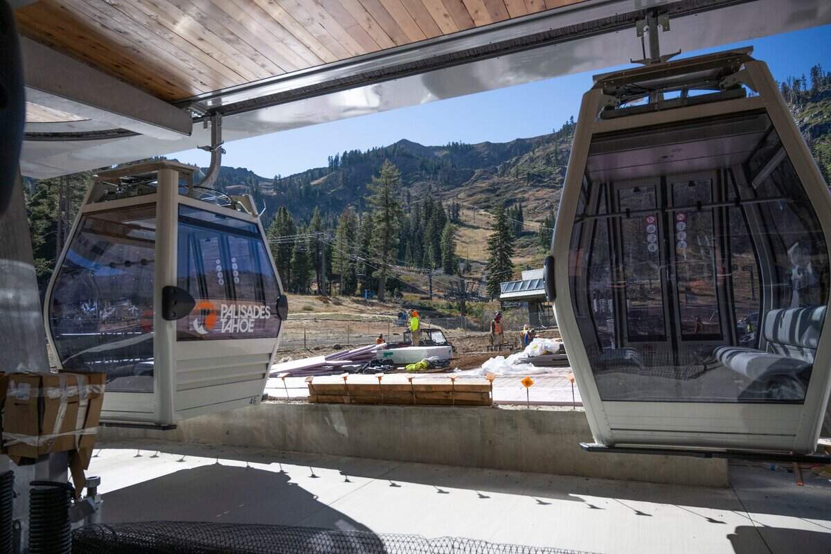 The Base to Base Gondola, under construction Thursday, will hold eight people in each cabin for the 16-minute, 2.4-mile journey between the base areas of Olympic Valley and Alpine Meadows.