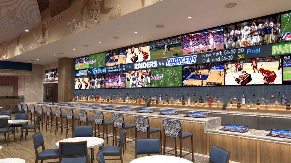 A rendering shows plans for the Hard Rock Sacramento Sports Bar, set to open in October 2025 at Hard Rock Hotel & Casino Sacramento at Fire Mountain in Yuba County. The video wall is expected to display up to 20 games at once.