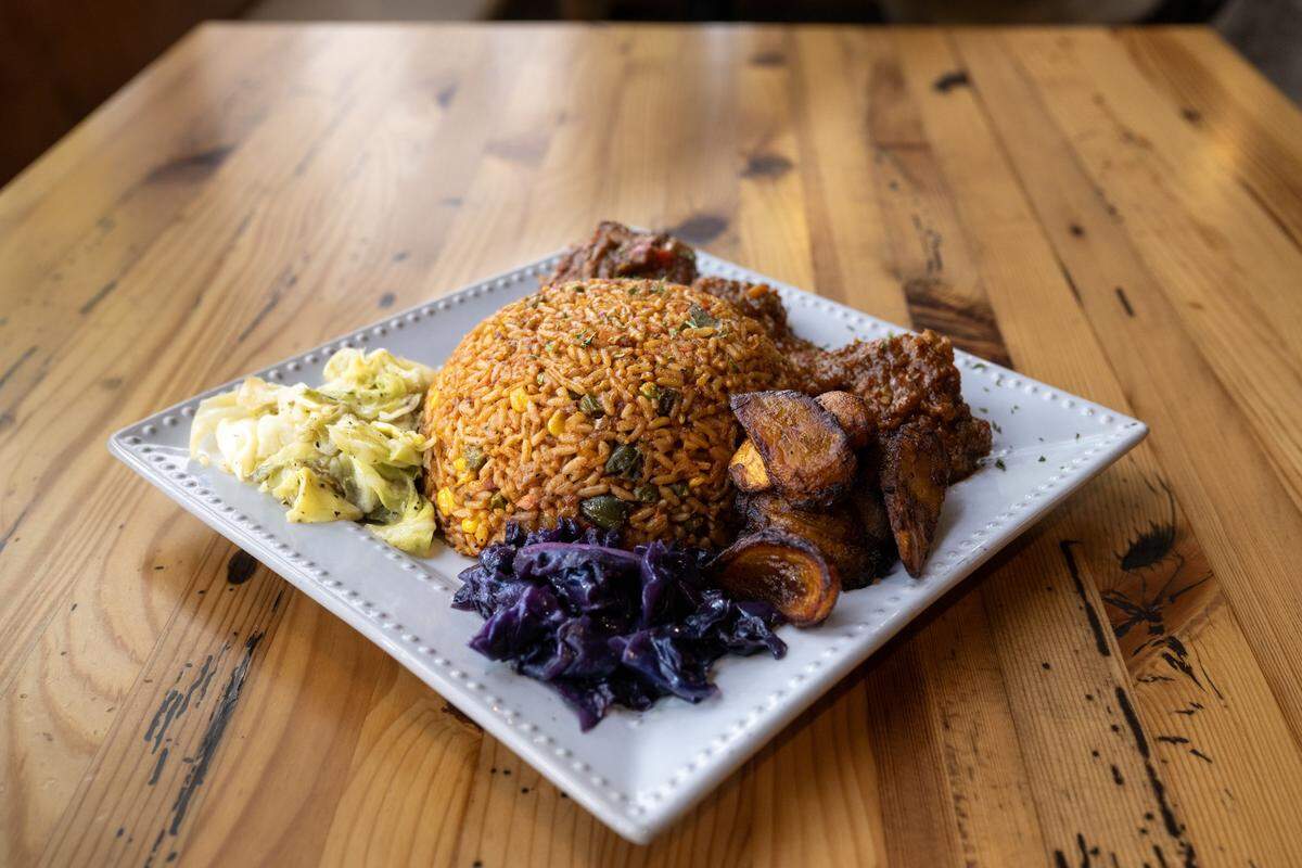 Jollof rice and chicken at AfroEatz in Sacramento on Thursday, Dec. 4, 2025.
