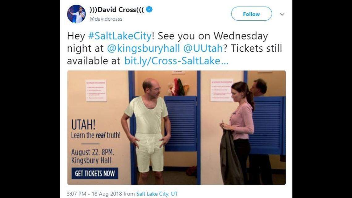 A Twitter post by comedian David Cross promoting an upcoming University of Utah show including a photo depicting him in sacred Church of Jesus Christ of Latter-day Saints temple garments has sparked calls to cancel the show.