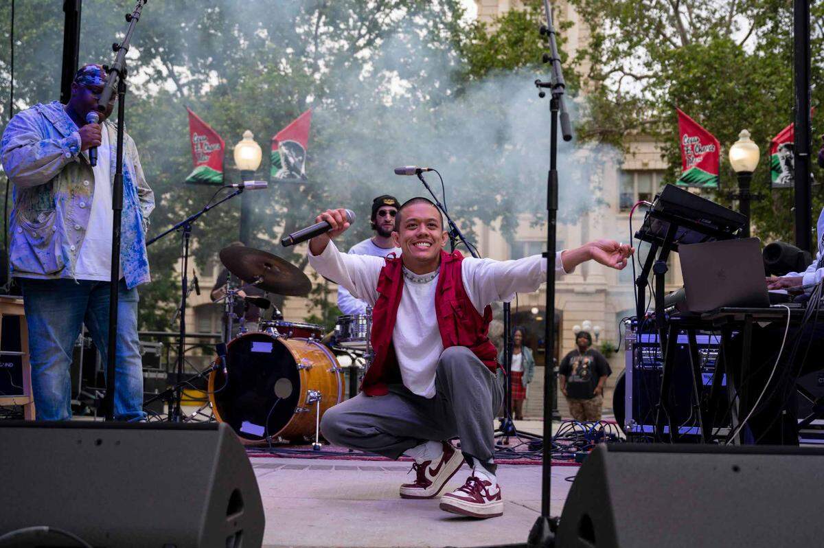 Rappers perfrom with the band Lab Rats during the opening night of the Concerts in the Park series on Friday night, Cinco de Mayo on Friday, May 5, 2023, at Cesar Chavez Plaza.