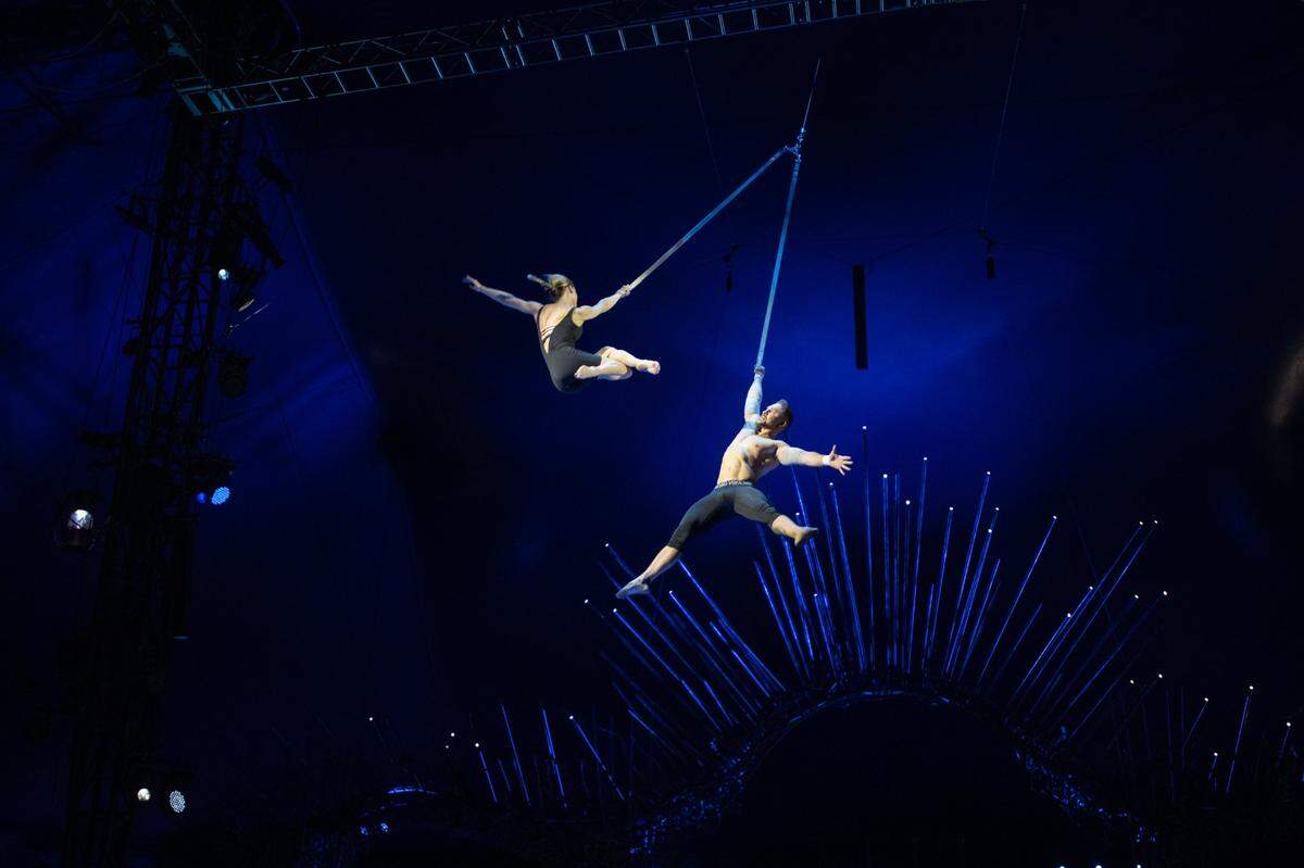 Straps artists Alexey Turchenko and Yulia Makeeva rehearse for the Cirque du Soleil production of Alegría at Sutter Health Park in West Sacramento on Wednesday, July 27, 2022.