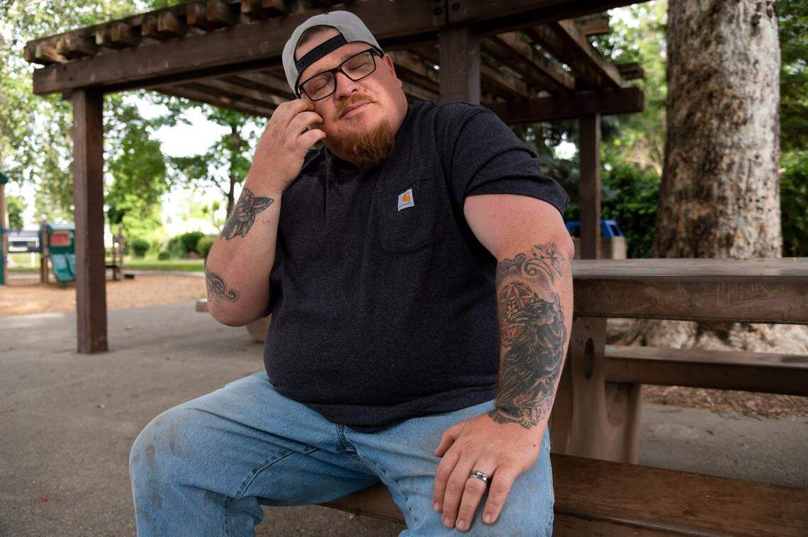 Johnny Matthews is emotional as he recounts the death of his older sister Sara Easton in the park they spent time growing up in Yuba City, Friday, May 27, 2022. Her manner of death remains undetermined seven years after she died of a gunshot wound to the head. Her husband, Aaron Easton was the former Police Chief of Marysville and some people in the Yuba-Sutter area believed that Sara shot herself in the head, many others believed her husband was getting away with murder. Charges have never been filed and the authorities have not even officially determined the manner of death.