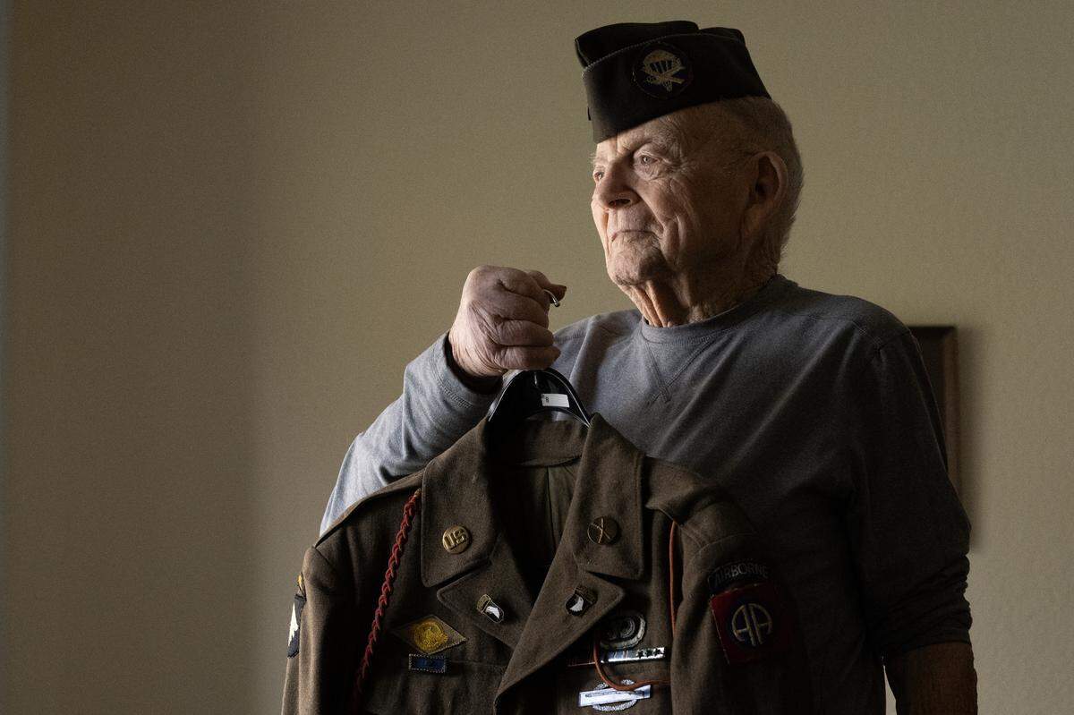 Howard Buford, 104, who fought in World War II during the Battle of the Bulge at Christmas in 1944, is photographed on Friday, Nov. 28, 2025, in Sacramento. After the war ended, he said he couldn’t wait to take off his uniform and return to civilian clothes.