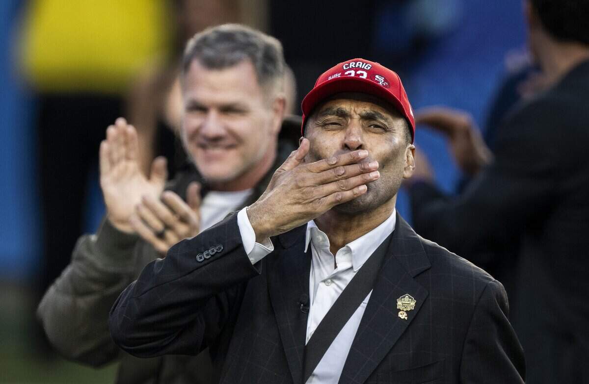 San Francisco 49ers Roger Craig blows kisses to fans as he’s honored as part of the Pro Football Hall of Fame class of 2026 before Super Bowl LX at Levi's Stadium on Sunday, Feb. 8.