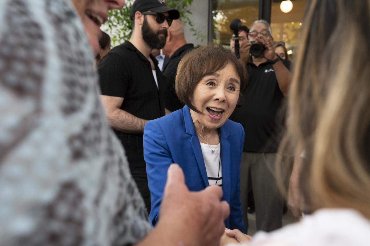 U.S. Rep. Doris Matsui greets supporters at Sellands on Broadway in Sacramento on primary election night on Tuesday, June 2, 2026.
