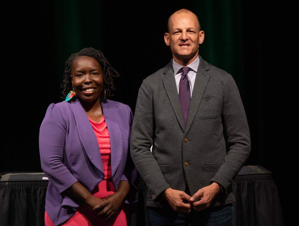 Sacramento mayor candidates Flojaune Cofer and Kevin McCarty debate on Wednesday, Oct. 23, 2024 in Sacramento.