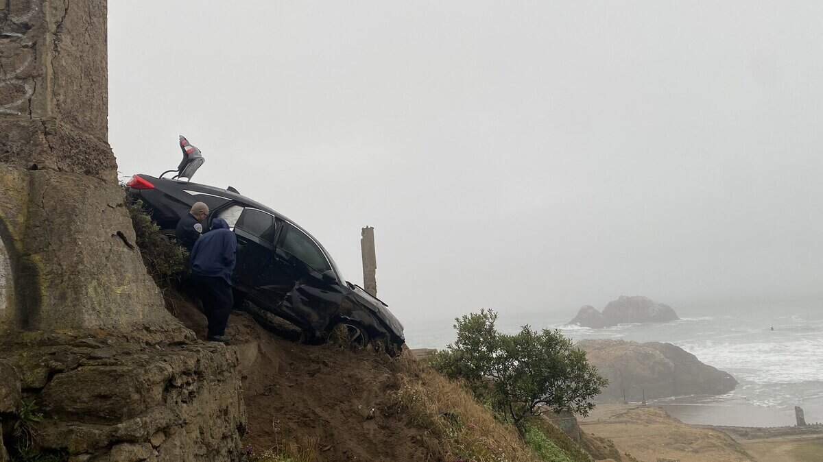 A car drove off a cliff in San Francisco on May 6, 2022. Four people were injured, police said.