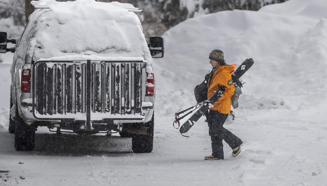 An unidentified member of the Nevada County Sheriff Search and Rescue team returns to the sheriff’s office during the search for avalanche victims in the Castle Peak area on Wednesday, Feb. 18, 2026.