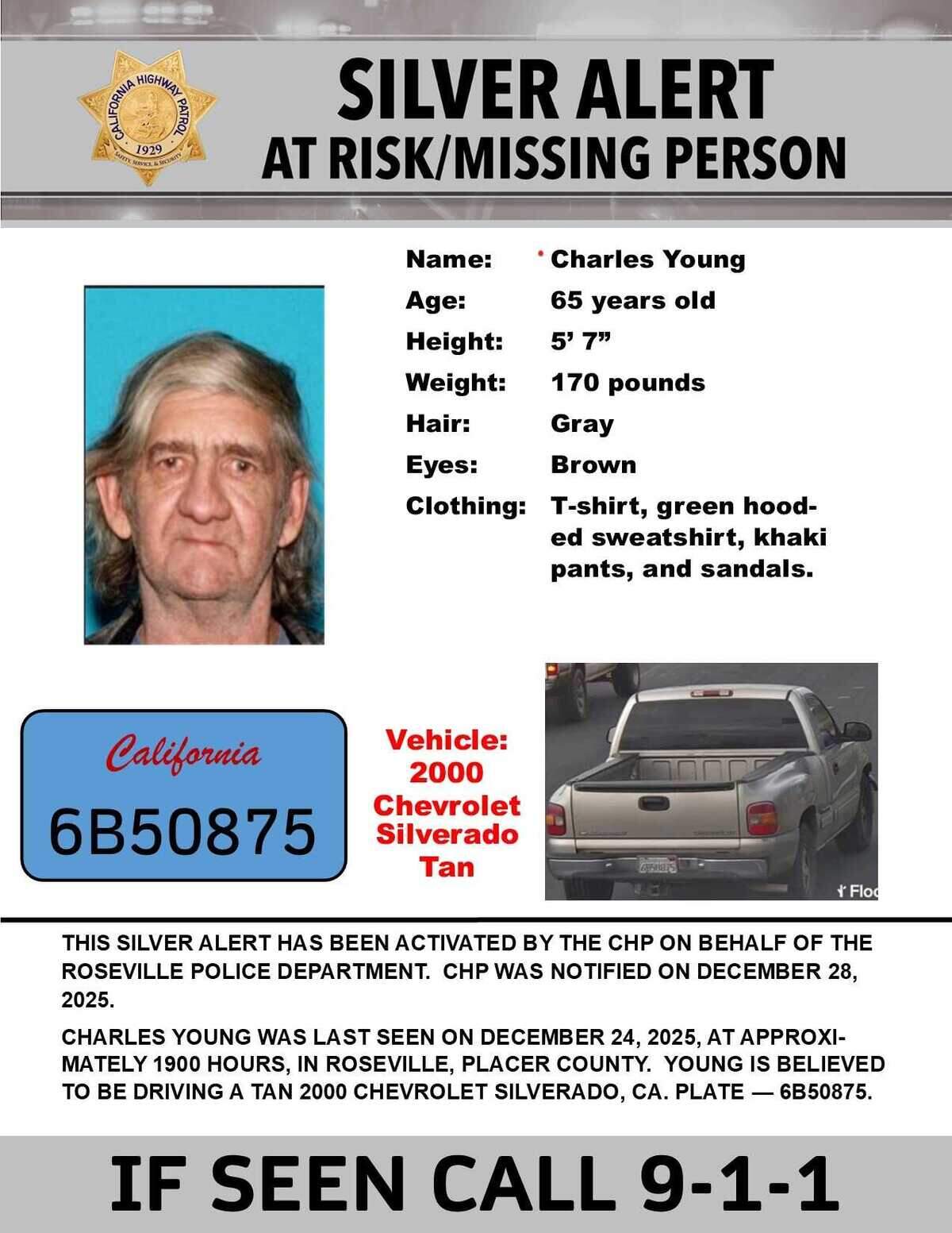 A California Highway Patrol Silver Alert poster shows Charles Young, 65, who was last seen on Sunday, Dec. 24, 2025, in Roseville. Authorities issued the alert on Sunday after Young was reported missing and believed to be at risk.