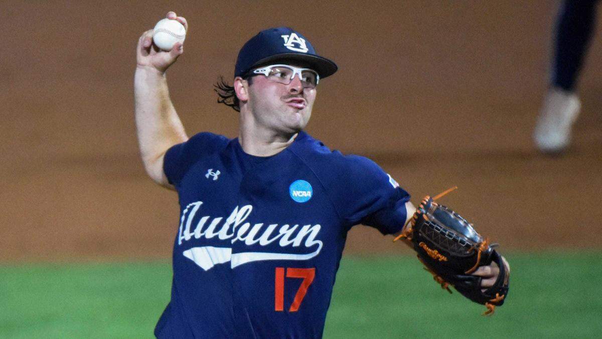 Auburn Tigers pitcher Samuel Dutton (17) throws against Coastal Carolina during NCAA Super Regional play in Auburn, Ala., on June 6. The Athletics selected Dutton with the 290th overall pick in the 10th round of the 2025 MLB draft.