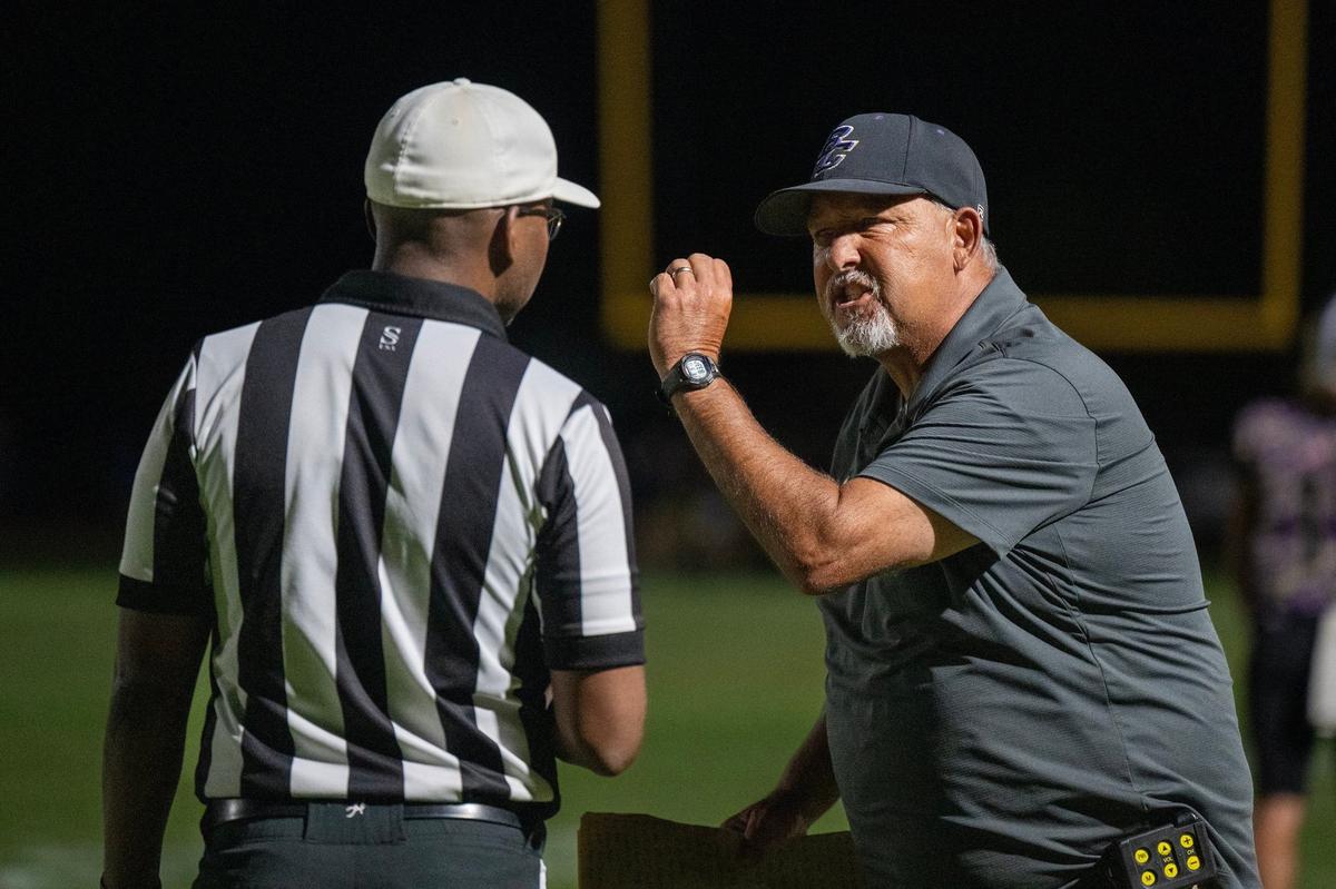 Bradshaw Christian coach Drew Rickert gives a referee an earful in the second half in a game against the Sutter Huskies’ on Friday.