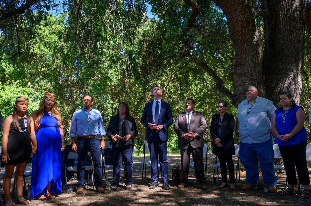 Gov. Gavin Newsom, center, looks up at the trees in 2019 in West Sacramento after apologizing to Native American tribes for the state’s “dark history” of violence against their ancestors.