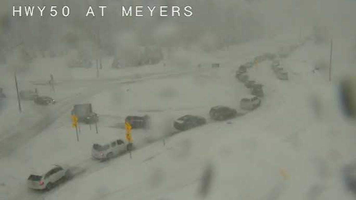 Multiple vehicle spin-outs caused traffic to be held on Highway 50 between Echo Summit and Meyers Saturday, Jan. 14, 2023.