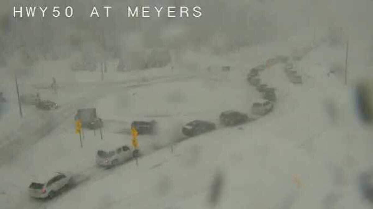 Multiple vehicle spin-outs caused traffic to be held on Highway 50 between Echo Summit and Meyers Saturday, Jan. 14, 2023.
